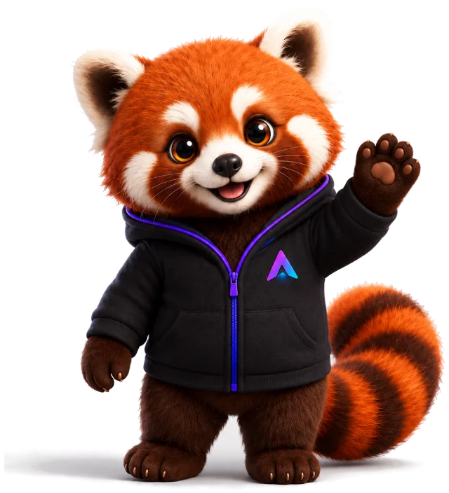 KIRA, a red panda in a black Atlas hoodie, waving